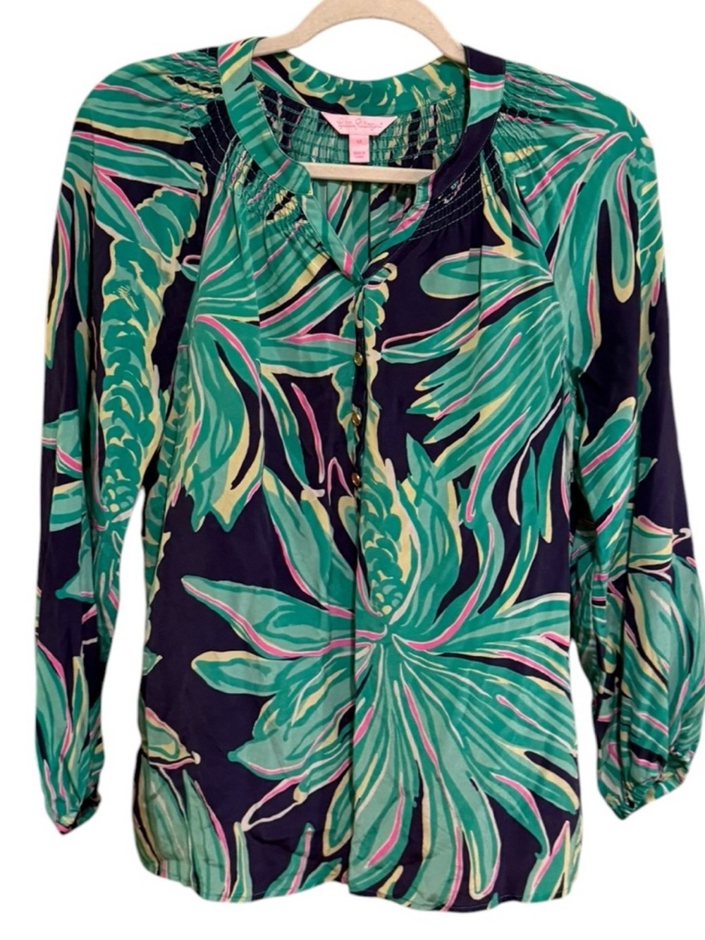 Lilly Pulitzer Elsa Silk Top Tiger Palm Preppy Tropical Resort Blouse- Medium
